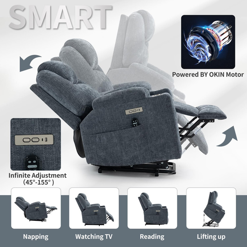 Electric Recliner Lift Chair with Massage, Heat, USB, & Cup Holders - Blue gallery