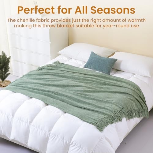Chenille Throw Blanket for Couch Bed，Soft Cozy Throw Blanket with Sage Green gallery