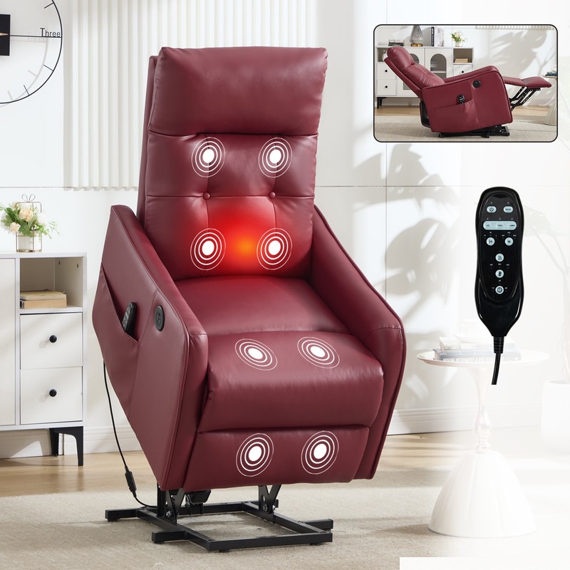 Power Lift Recliner Chair with Massage & Heat, Wine Red, 155° Max Recline