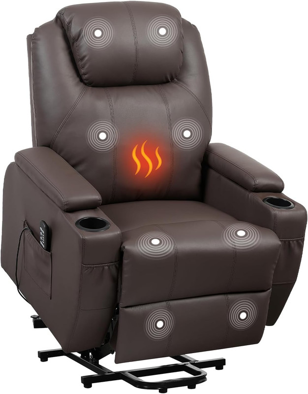 Luxury PU Leather Power Lift Recliner - 8-Point Massage & Heat, Cup Holders