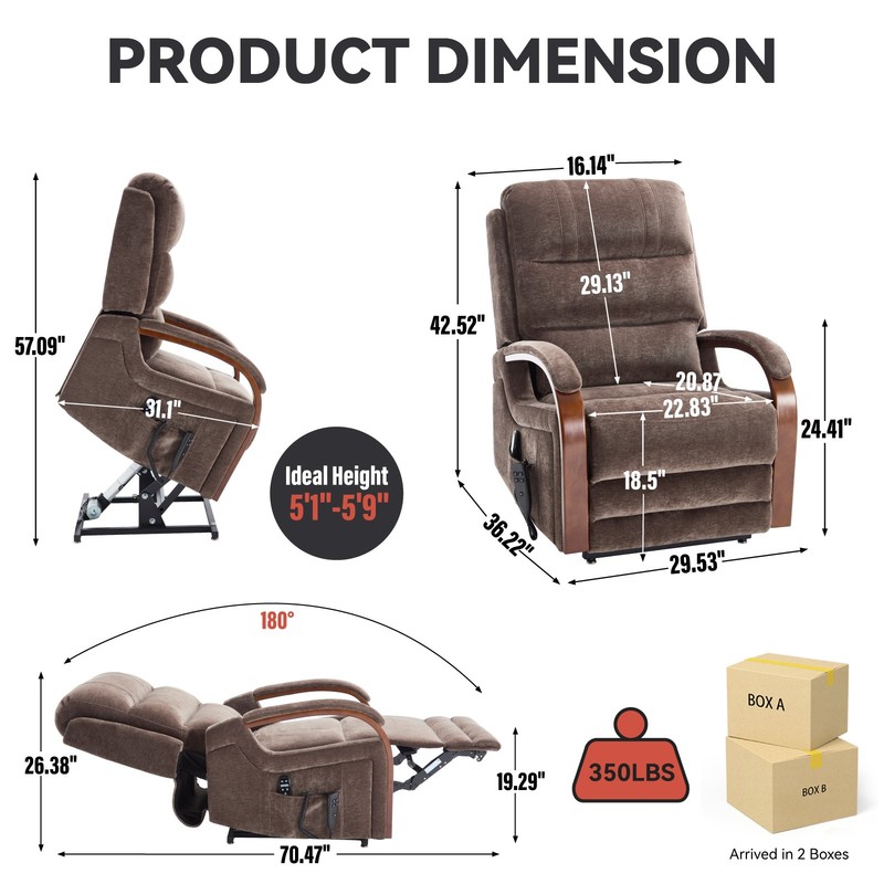 Power Lift Recliner Chair Dual Motor Heat Massage Brown Chenille 350 lbs gallery