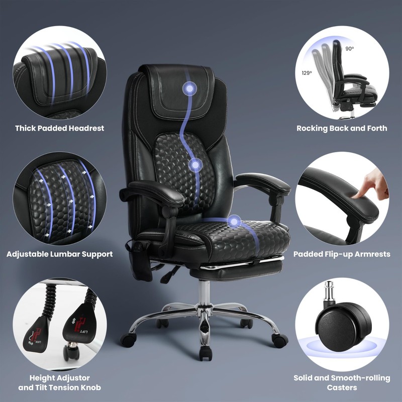 Massage Office Chair with Heat & Footrest, Big & Tall Leather Desk Chair 300 lbs gallery