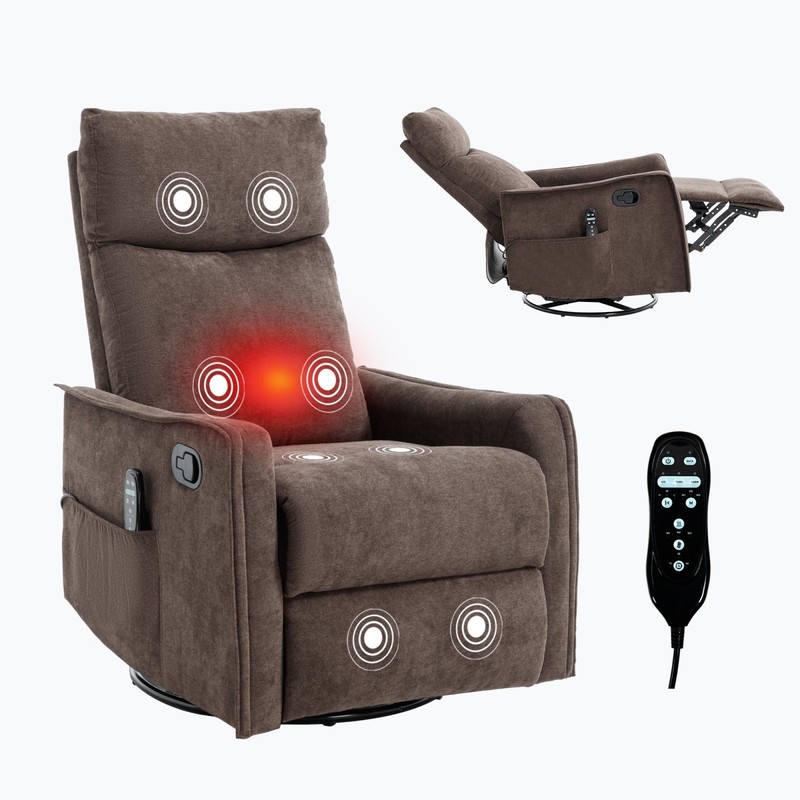 Massage Recliner Chair with Heat, Rocker, Swivel, Brown Fabric