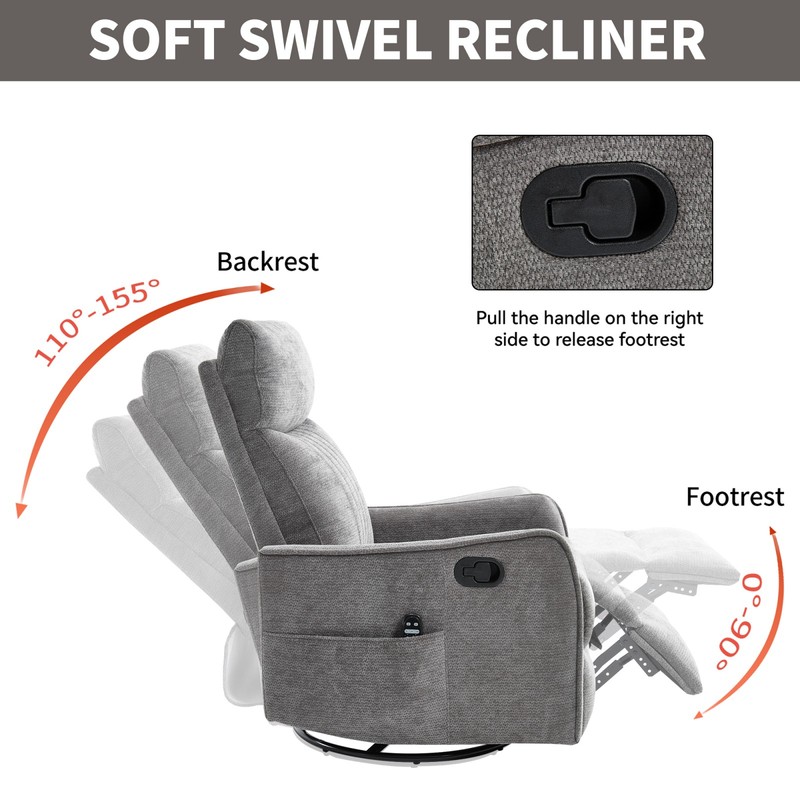 Dark Gray Fabric Recliner Chair with Massage, Heat, Swivel & Rocker gallery