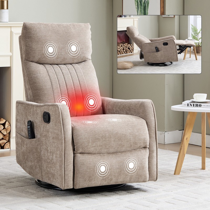 Khaki Heat Massage Manual Recliner Chair with Rocker and Swivel in Fabric