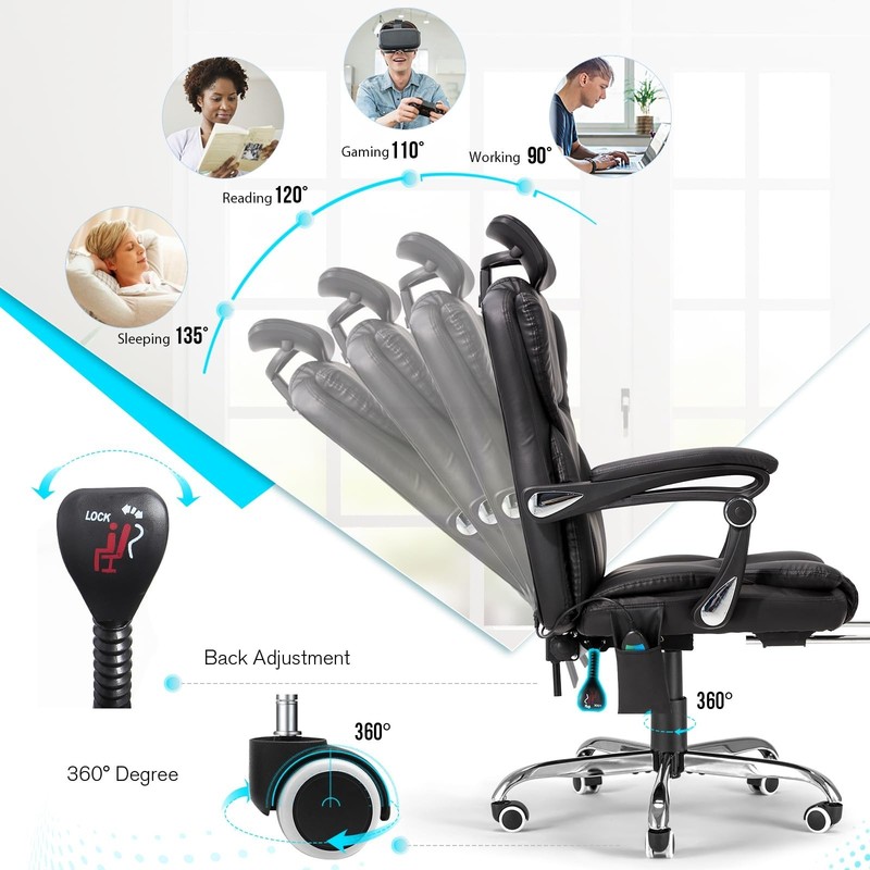 Massage Office Chair Heat Reclining Footrest Executive Chair Black Leather gallery