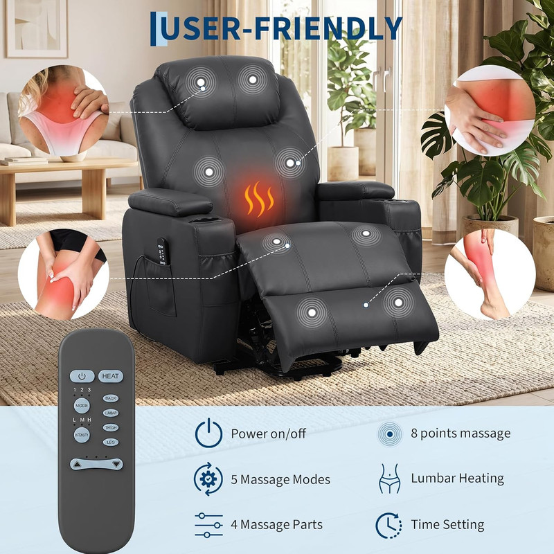 Compact Power Lift Recliner with Massage, Heat & Storage - PU Leather gallery