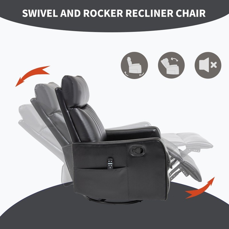 Faux Leather Heat Massage Manual Recliner 360° Swivel Rocker Black 155° Recline gallery