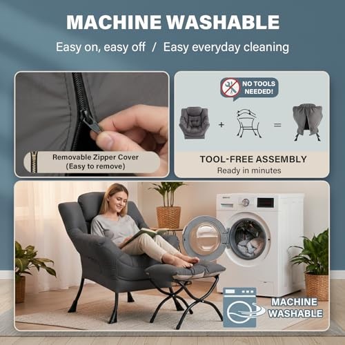 Lazy Chair with Ottoman, Large Dark Accent Chair with a Side Pocket, Grey gallery