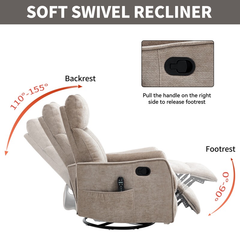 Khaki Manual Recliner Chair with Massage, Heat, Rocker & Swivel gallery
