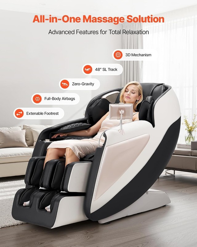 Elegant 3D Zero Gravity Massage Chair with SL Track & 18 Auto Modes, White/Black gallery