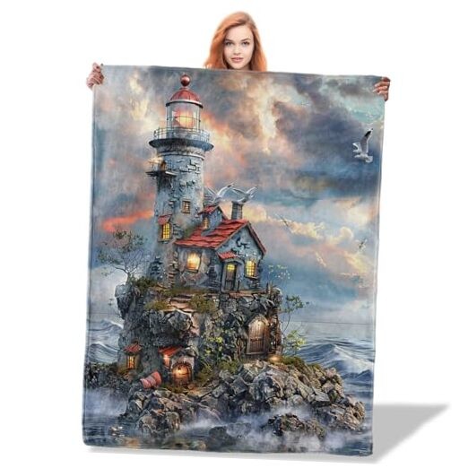Throw Blanket for Women Girls Boys, Soft Flannel 50″x60″ Coastal Lighthouse