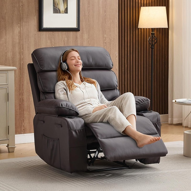 PU Leather Manual Recliner Chair w Massage&Heating, Extra Wide Design for Adults gallery