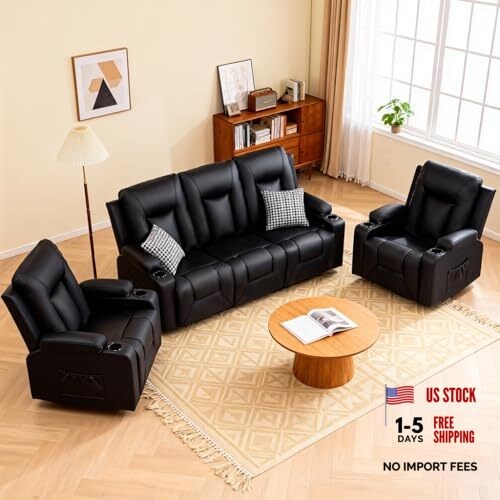 Living Room Furniture Set,Faux Leather Manual Recliner Sofa Sets with 3+1+1