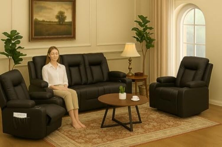 LUCKLIFE Leather Recliner Sofa Set with Manual Sofa+Chair+Chair gallery