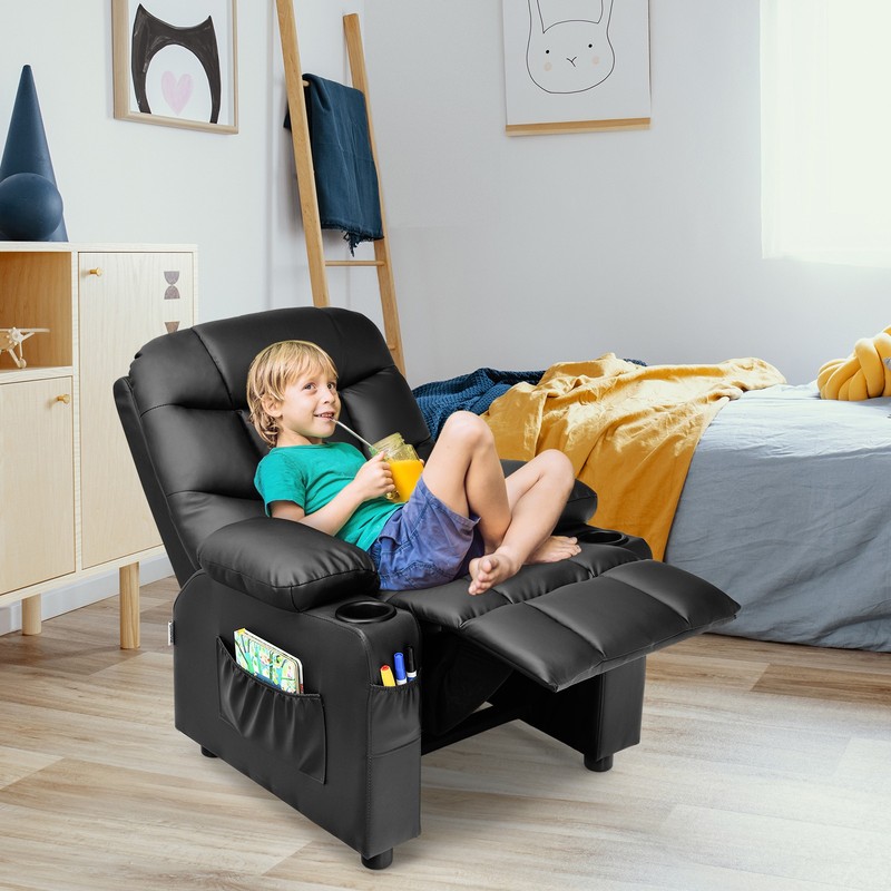 Costway Kids Youth Recliner Chair PU Leather w/Cup Holders & Side Pockets Black gallery