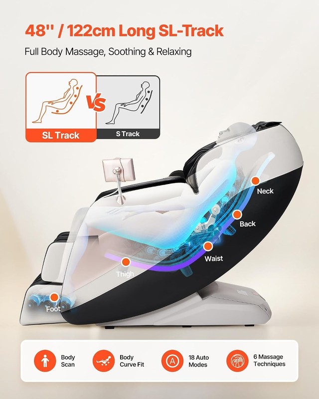 Elegant 3D Zero Gravity Massage Chair with SL Track & 18 Auto Modes, White/Black gallery