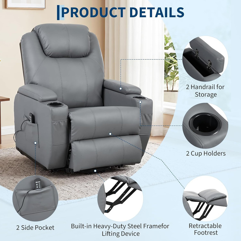Power Lift Recliner Chair with 8-Point Vibration Massage & Lumbar Heating – Rock gallery