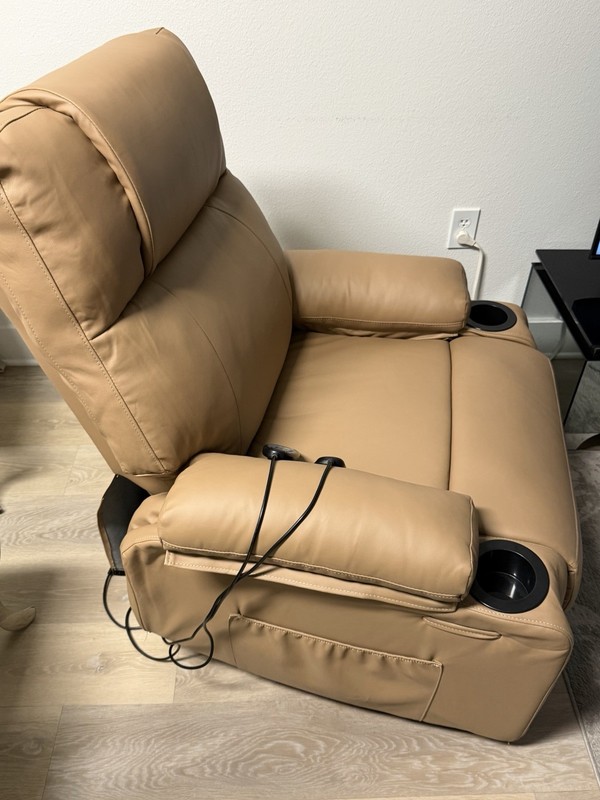 Beige Faux Leather Electric Massage Chair Heated Wave Pulse Remote Cup Holder gallery