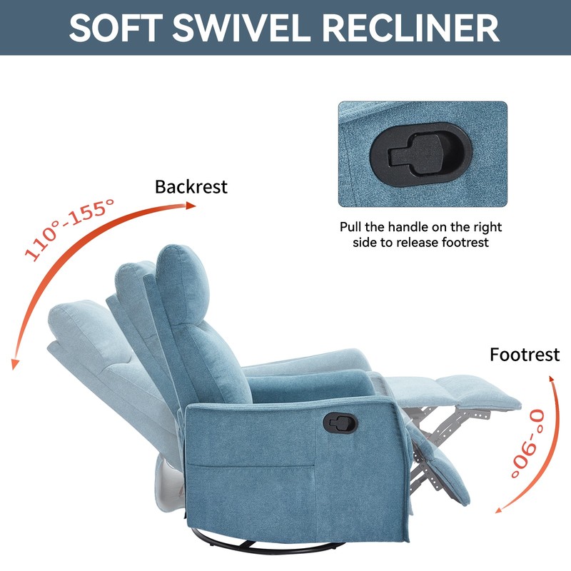 Massage Recliner Chair with Rocker, Swivel, Heat, Blue Fabric gallery