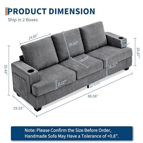 Modern 89 in 3-Seater Sofa for Living Room, Comfy Couches with Deep Seat, Grey gallery