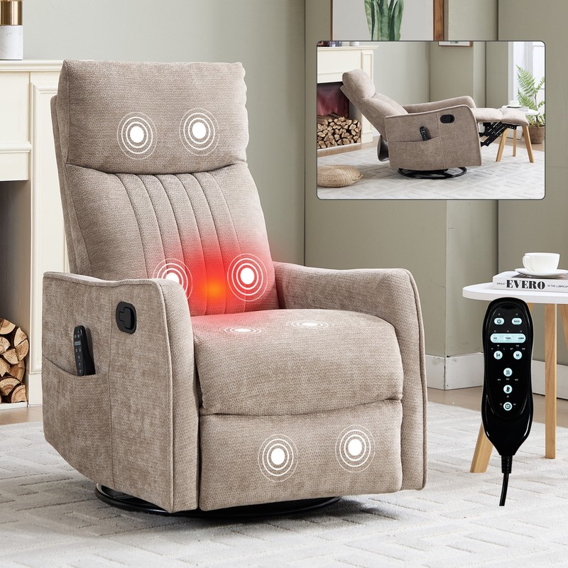 Khaki Manual Recliner Chair with Massage, Heat, Rocker & Swivel
