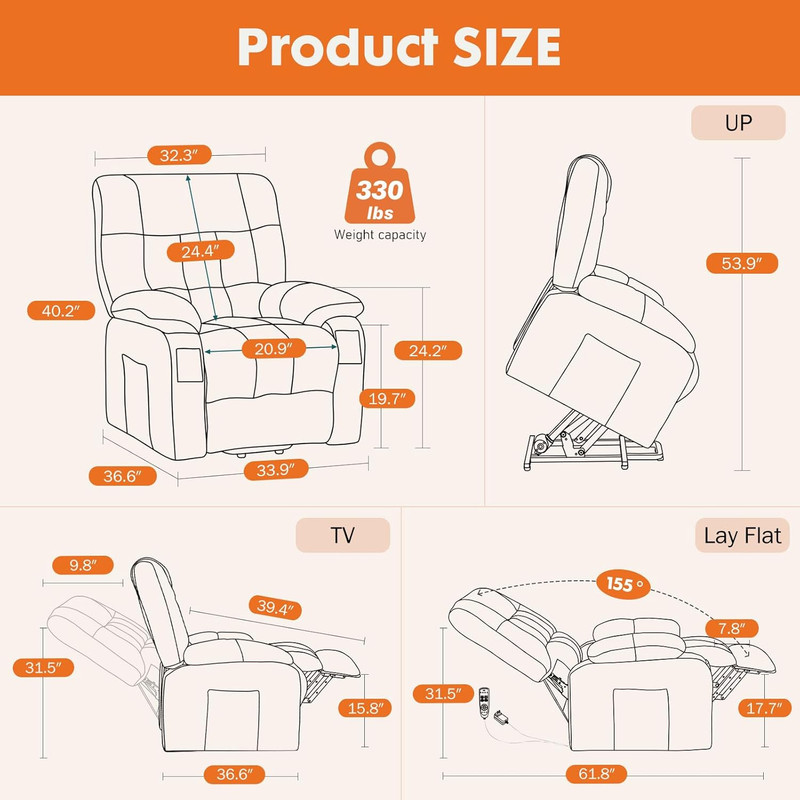 Power Lift Recliner Chair with Vibration Massage and Heat for Adults, Ergonomic gallery