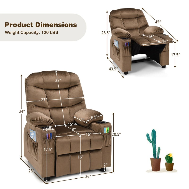 Kids Youth Recliner Chair Velvet Fabric w/Cup Holder & Side Pocket Brown gallery