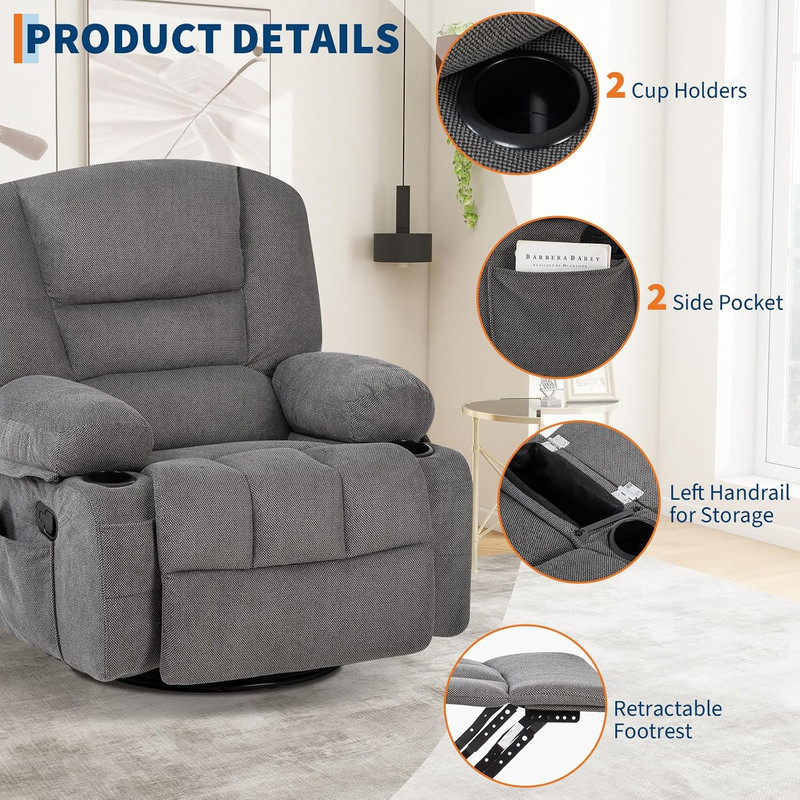 Massage Rocking Recliner Chair with Vibration and Heat, 360° Swivel Chenille Roc gallery