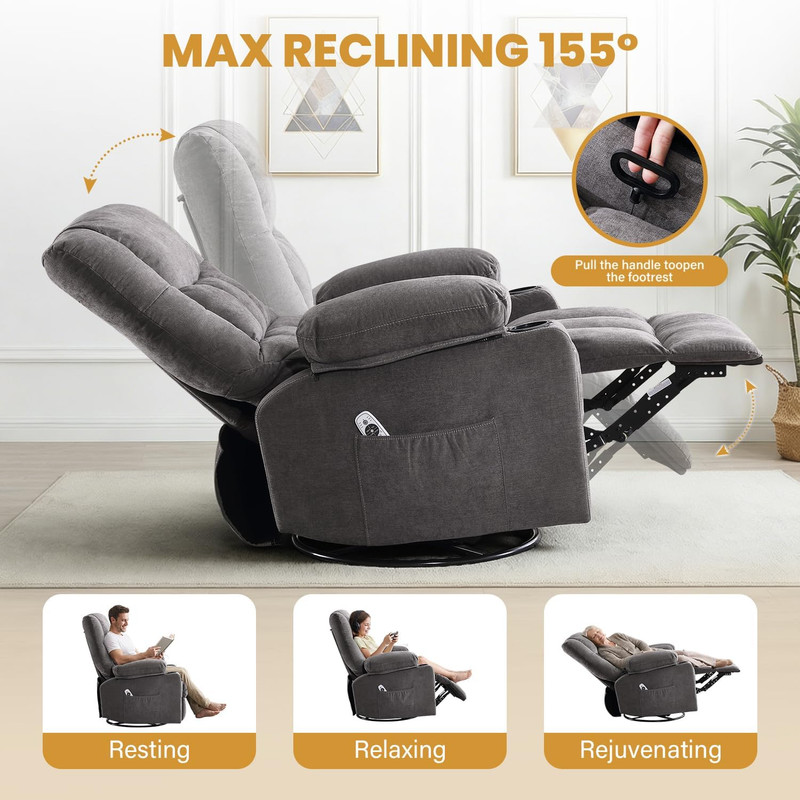 Swivel Rocker Recliner Chair with Vibration Massage and Heating Functions for Ad gallery