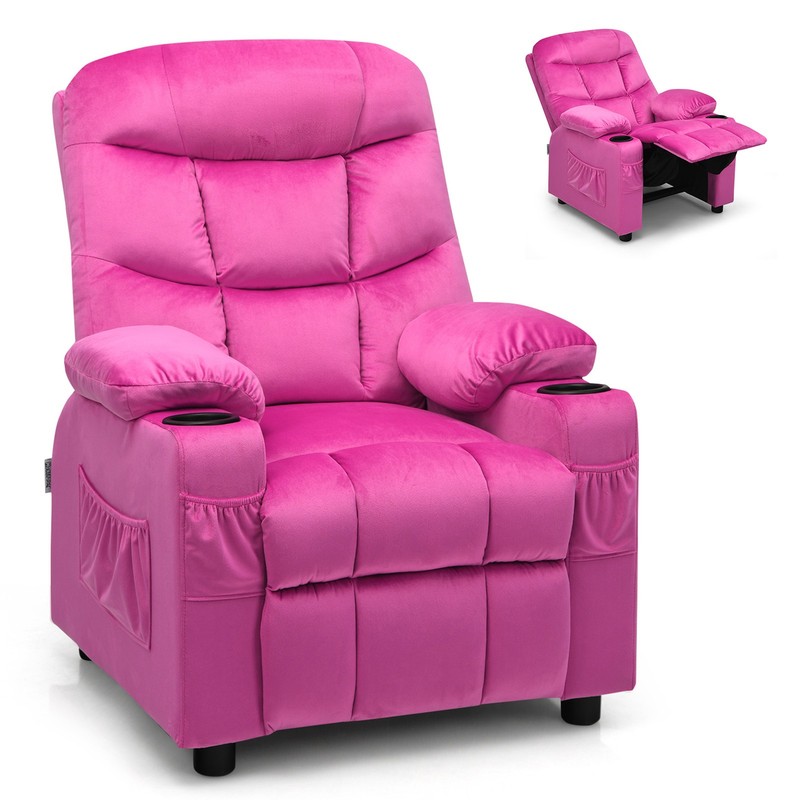 Kids Youth Recliner Chair Velvet Fabric w/Cup Holder & Side Pocket Pink