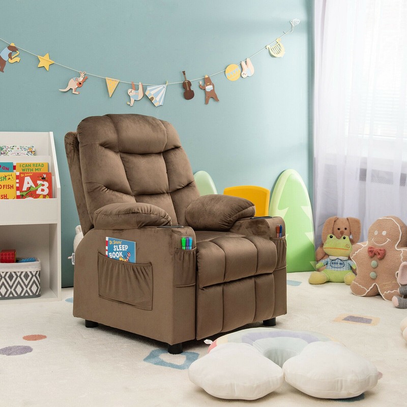 Kids Youth Recliner Chair Velvet Fabric w/Cup Holder & Side Pocket Brown gallery