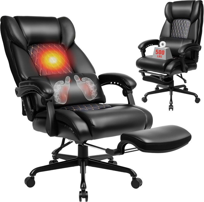 3D Kneading Massage Office Chair with Heat, 500 Lbs Big and Tall Executive Compu
