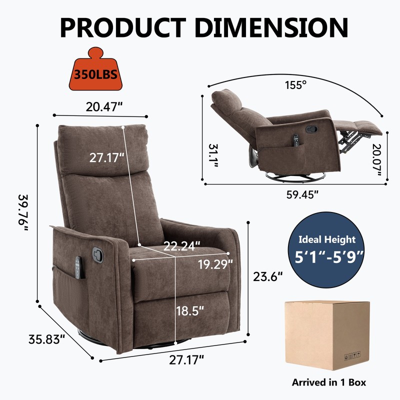Massage Recliner Chair with Heat, Rocker, Swivel, Brown Fabric gallery