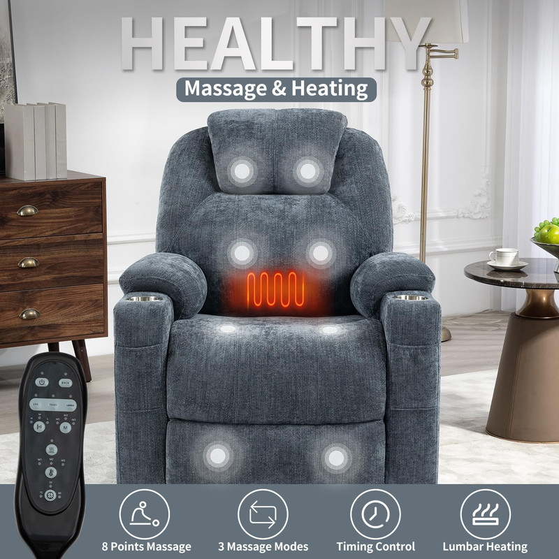Electric Recliner Lift Chair with Massage, Heat, USB, & Cup Holders - Blue gallery
