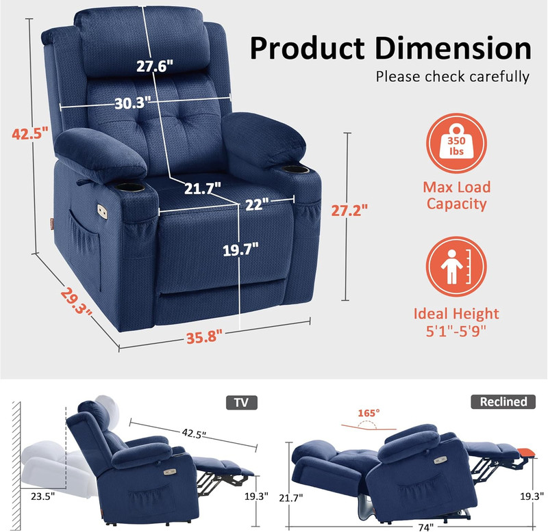 Navy Blue Power Lift Recliner with Massage, Heat & USB for Elderly Comfort gallery