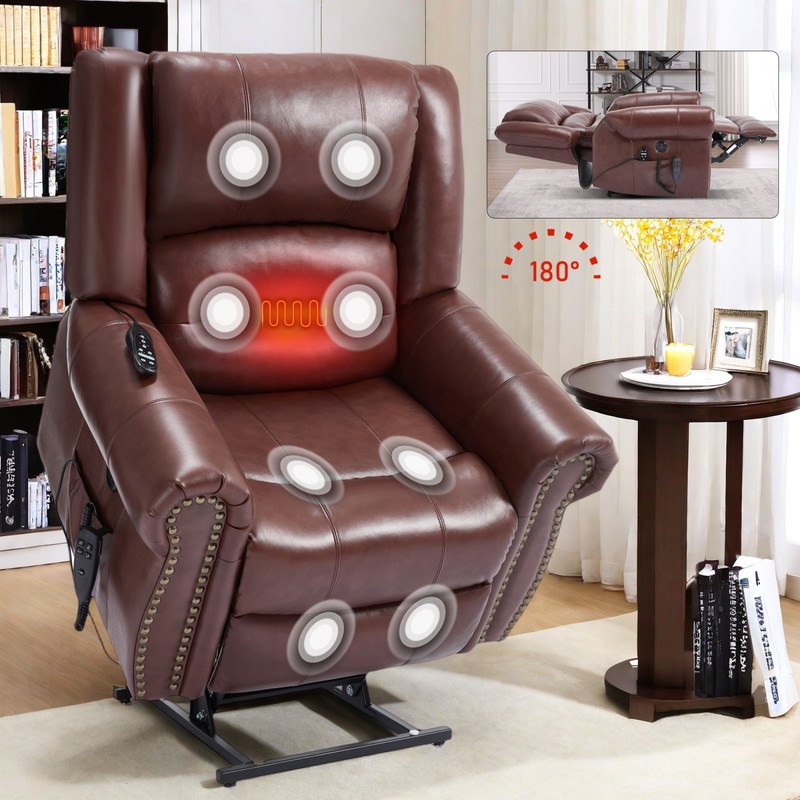 Power Lift Recliner Chair with Heat & Massage, Dual Motor, Genuine Leather, Red