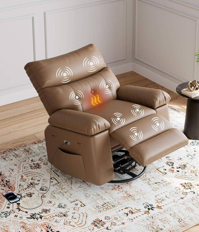 Oversized Power Rocker Swivel Recliner Chair – Heat and Massage, PU Leather Elec
