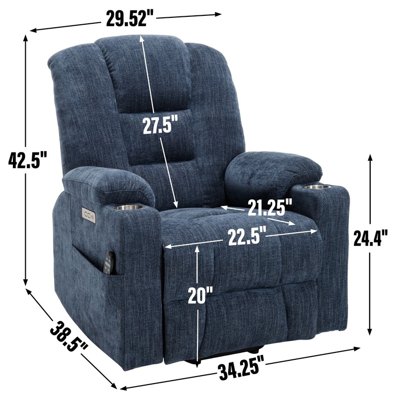 Power Lift Recliner Chair with Massage, Heat, USB Ports, Blue gallery