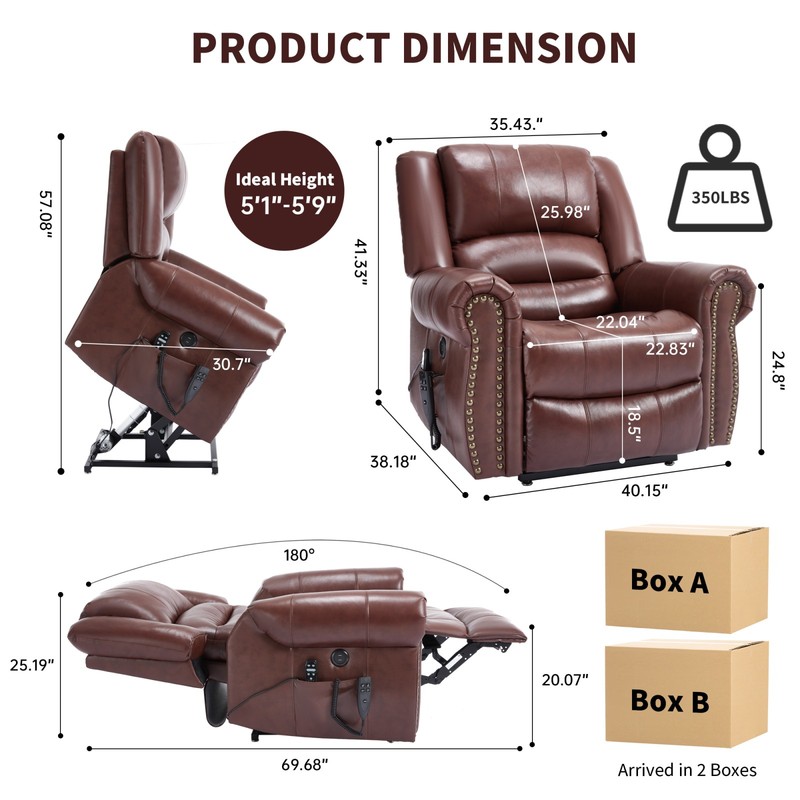 Power Lift Recliner Chair with Heat & Massage, Dual Motor, Genuine Leather, Red gallery