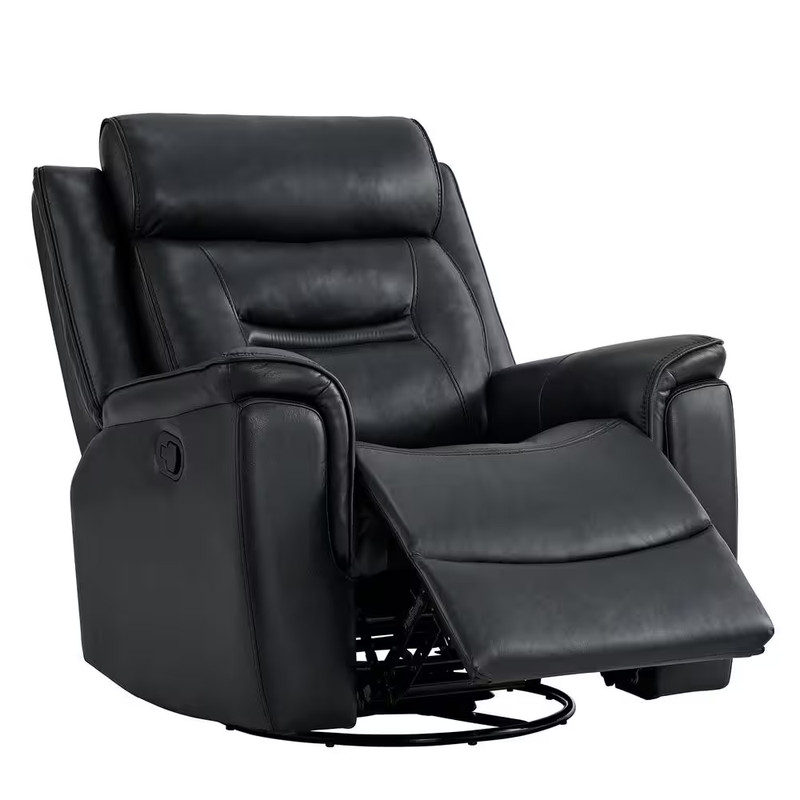 Barnabas Black Leather Swivel Rocker Manual Recliner with Extra Large Footrest f