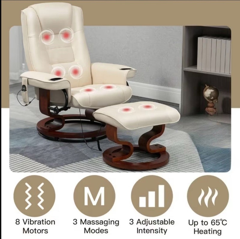 Beige Faux Leather Heated Massage Recliner Chair with Ottoman, 360° Swivel gallery