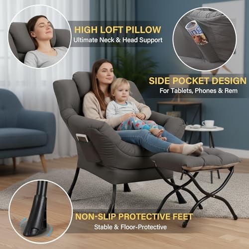 Lazy Chair with Ottoman, Large Dark Accent Chair with a Side Pocket, Grey gallery