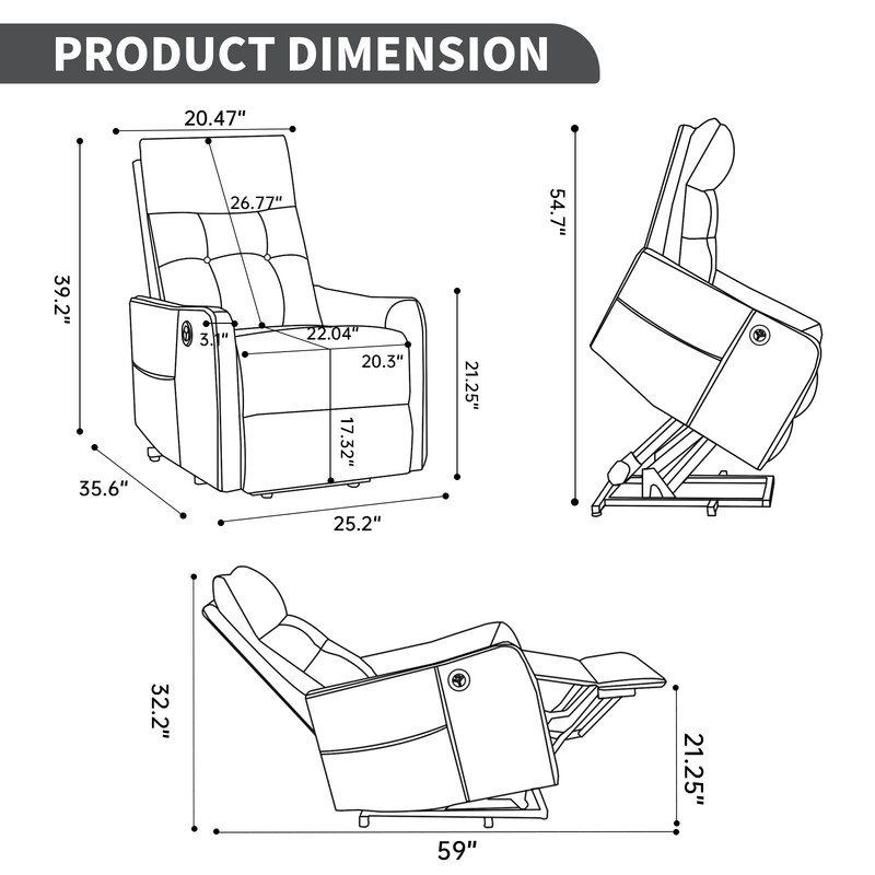 Power Lift Recliner Chair with Massage, Heat & USB, Max Recline 155° gallery