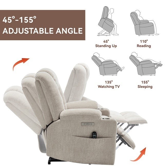 GZMR Power Lift Recliner w/ Heat & 8-Point Massage, Beige Chenille gallery