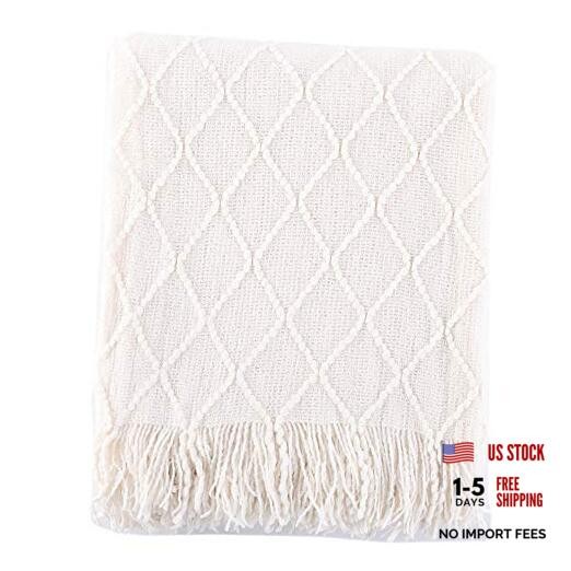 Cream Throw Blanket for Couch, Boho Bedroom Decor Throws, 50 x 60 in. White
