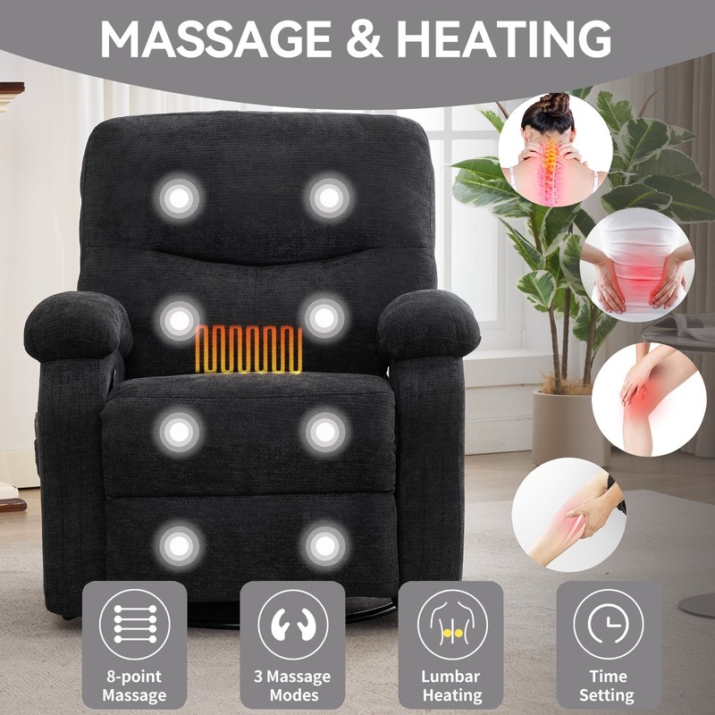 Hot Massage Swivel Rocker Recliner Chair, 8-Node Vibration, Lumbar Heat, Black gallery