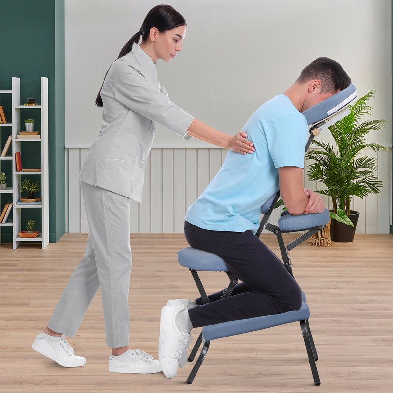 Portable Adjustable Massage Chair Spa Salon Massage Tattoo PU Leather Blue gallery