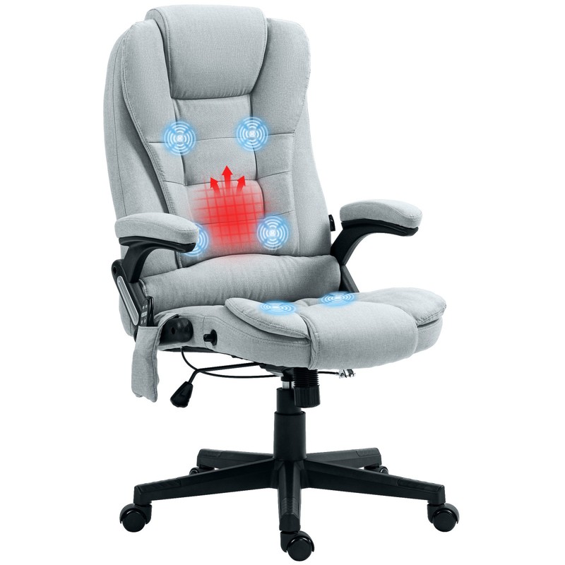 6 Point Vibrating Massage Office Chair with Heat, Linen High Back, Light Gray