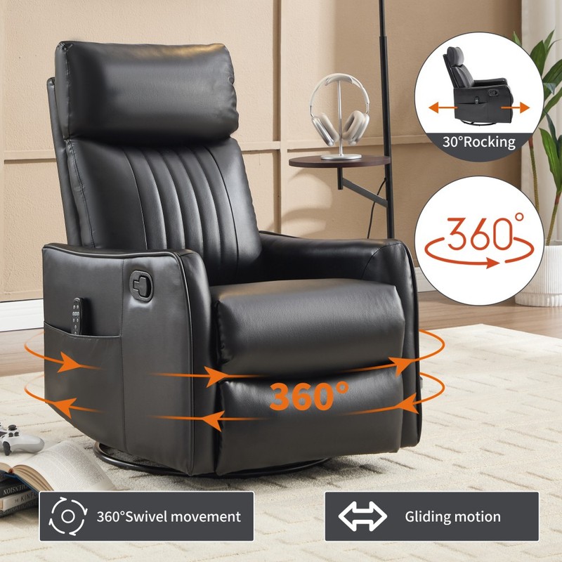Faux Leather Heat Massage Manual Recliner 360° Swivel Rocker Black 155° Recline gallery